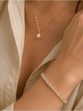 Gold Tone Marquise Cubic Zirconia Tennis Bracelet Size 6